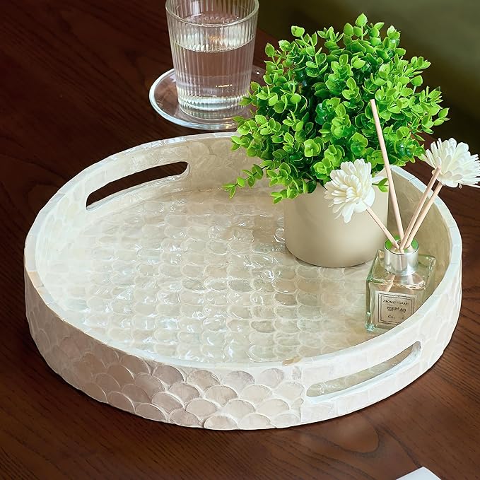 12.6 Inch Capiz Round Decorative Tray with Handles for Coffee Table, Vanity, or Ottoman, Elegant Capiz Mother of Pearl Serving Tray for Home Decor, Modern Coastal Boho Style, White