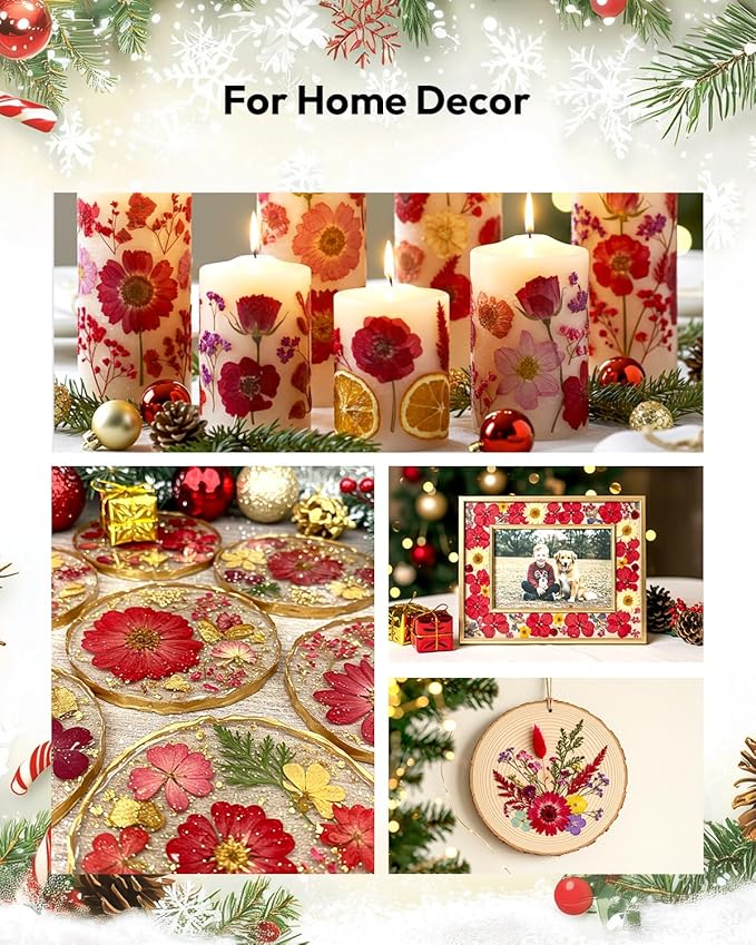 Dried Flowers, Resiners 6 Pack Pressed Flowers for Christmas Craft 100% Real Natural Dried Flowers Kits for Christmas DIY Making Crafts Resin Soap Candle Making Jewelry Scrapbook Supplies Card