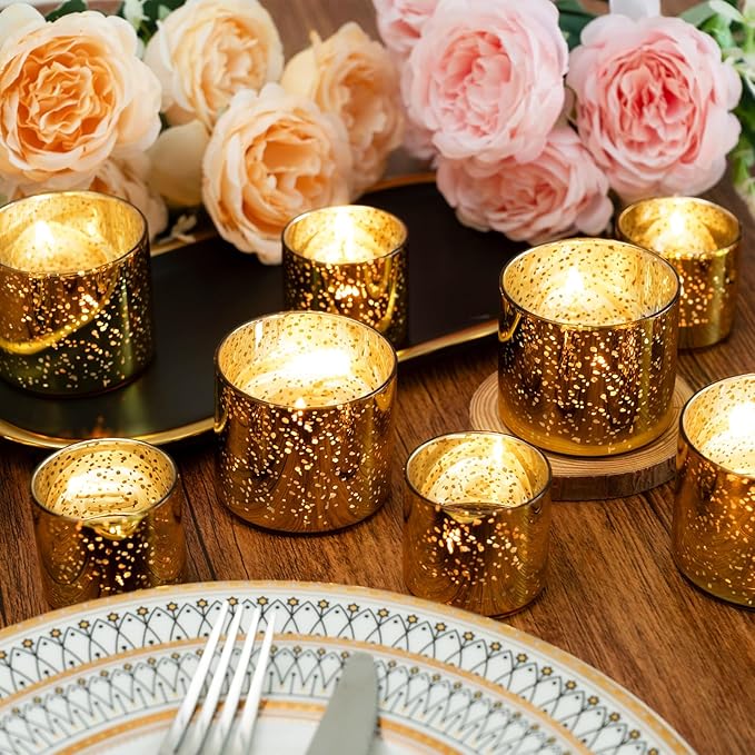 12-Piece Gold Candle Holders, Speckled Mercury Gold Votive Candle Holders, Two Models, Suitable for Wedding Table Centerpieces, Party Decorations and Home Decor