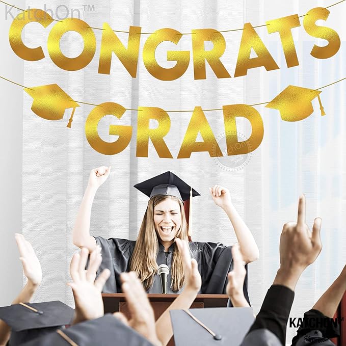 KatchOn, Glitter Gold and Black Congrats Grad Banner - 10 Feet | Gold and Black Grad Banner, Cap Garland for Graduation Cap Decorations 2025 | Graduation Decorations 2025