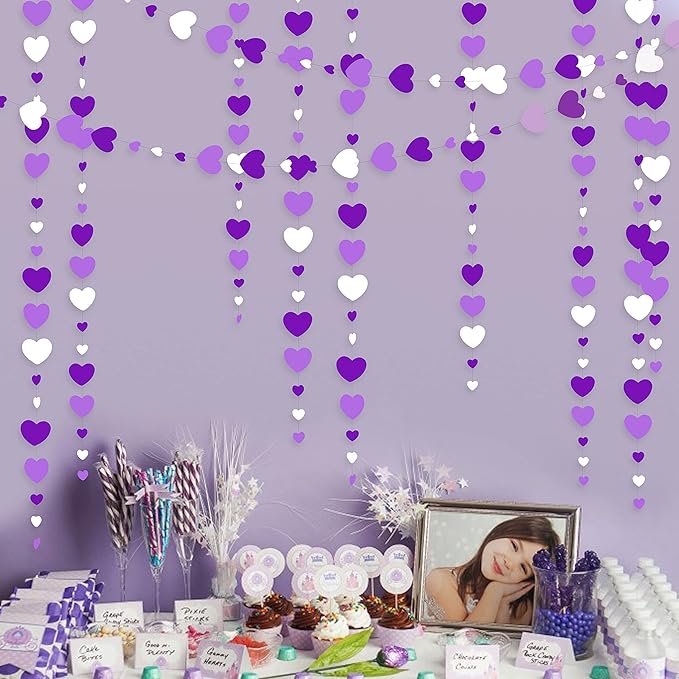 Valentines Day Party Decorations Lavender Love Heart Garland Purple and White Hanging Streamer Banner for Anniversary Mothers Day Birthday Engagement Wedding Bridal Baby Shower Lilac Party Supplies