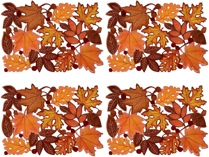 Simhomsen Set of 4 Embroidered Leaves Table Place-mats for Thanksgiving, Fall or Autumn Harvest Decorations 14 × 20 inches