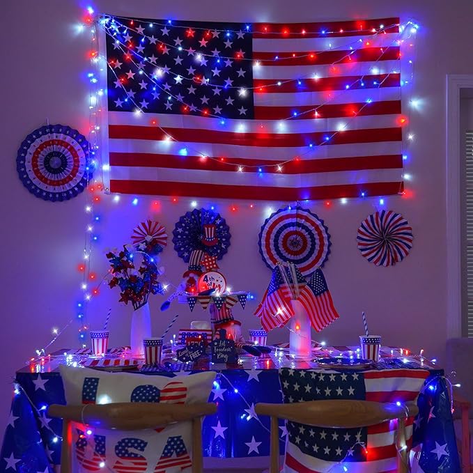 YEGUO 165ft 500 LED Red White and Blue Lights, 4th of July Decorations String Lights Plug in Indoor Outdoor, 8 Modes Clear Wire Patriotic Light for Independence Day Holiday Memorial Day Party Decor