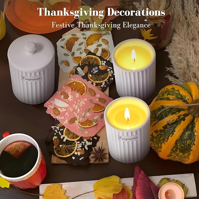 Viyffo Fall Candle Gift – Sandalwood & Rose Scented Candle, 6.35oz Natural Soy Wax in White Ceramic Jar with Gift Box, Perfect Aromatherapy Candle for Wife or Girlfriend on Thanksgiving & Christmas