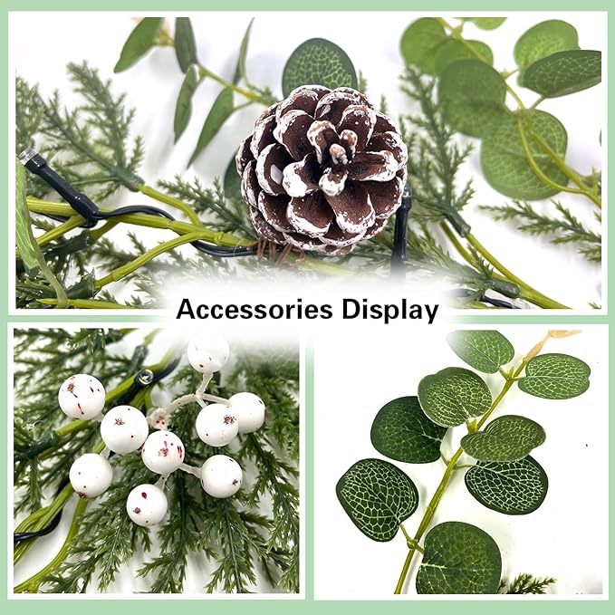 6FT Christmas Garlands with 20 LED Lights,Prelit Articial Spruce Garland with Eucalyptus Berry Pinecone,Battery Operated for Stair Winter Indoor Home Decor