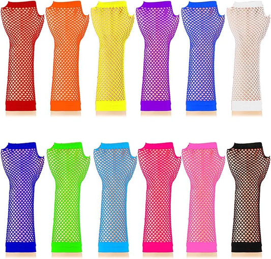 TecUnite 12 Pairs Fishnet Gloves Fingerless Neon Gloves for Women Men 80s Party Costume Accessories Supplies