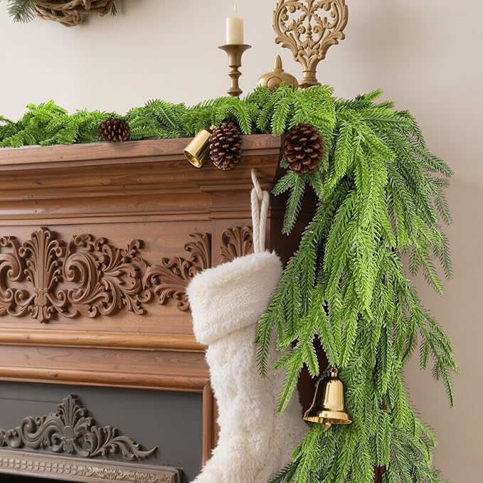 2Pcs 9FT Christmas Norfolk Pine Garland, Realistic Artificial Pine Garland, Real Touch Faux Greenery Christmas Garland for Table, Mantle, Winter Holiday Christmas Decorations Indoor Outdoor
