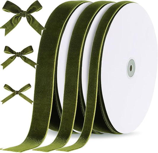 Yilloog 3/8'' 5/8'' 1'' 90 Yards Christmas Velvet Ribbon Vintage Satin Fabric Velvet Ribbon Roll for Christmas Tree Ornaments Decoration Gift Wrapping Bow DIY Crafts (Olive Green)