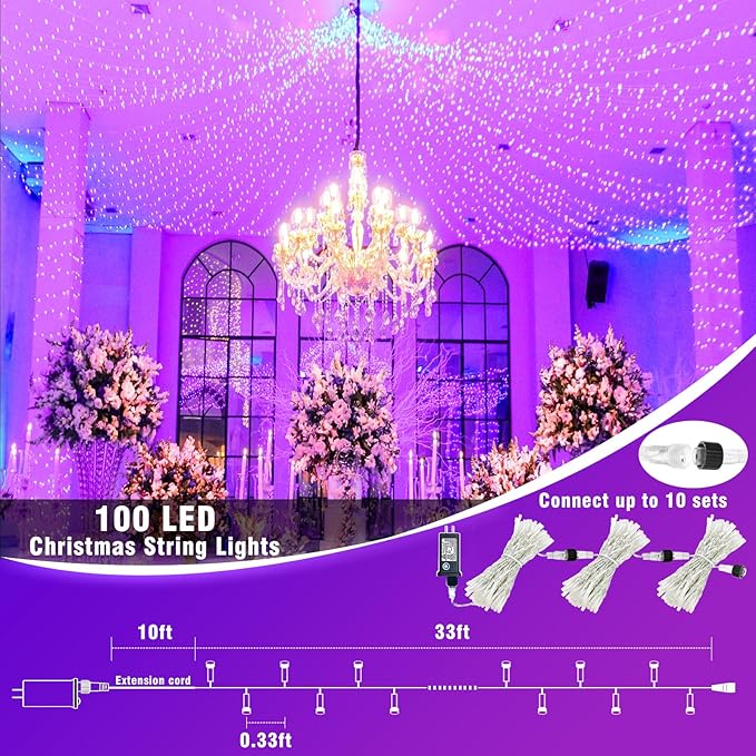 Vivideal 100 LED String Lights Outdoor Waterproof 33ft Purple String Lights Clear Wire with 8 Modes Plug in Purple Christmas Light for Tree Party Christmas Decorations
