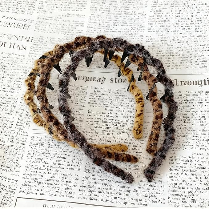 3PCS Retro High Skull Headband Wedding Party Elegant Reversible Headband with Teeth High Cranium Headbands for Women (Leopard)