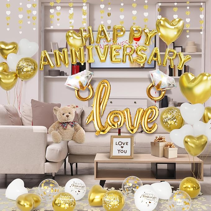 Gold and White Anniversary Decorations Valentines Day Decorations,Gold and White Valentines Day Balloons with Happy Anniversary Banner Heart Balloons Heart Rose Petals for Valentines Decorations