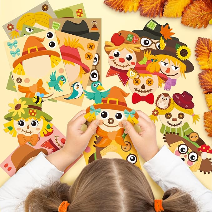 CY2SIDE Fall Scarecrow Sticker Sheets - 40PCS Autumn Harvest Make a Face Sticker Games for Kids School Rewards Make Your Own Scarecrow Decals Fall Thanksgiving DIY Party Favors Art Project