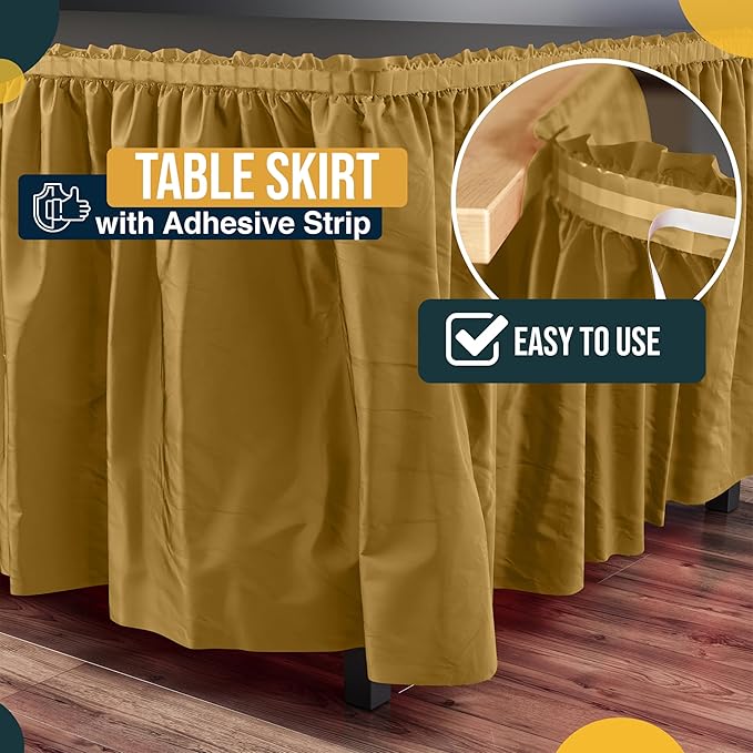 Exquisite Ruffle Table Skirt Gold 6 Pack 14 Ft Long Table Skirts for Rectangle Tables 6ft Plus or Round Tables Skirts with Adhesive Strip for Gender Reveal Decor & Happy Birthday Parties