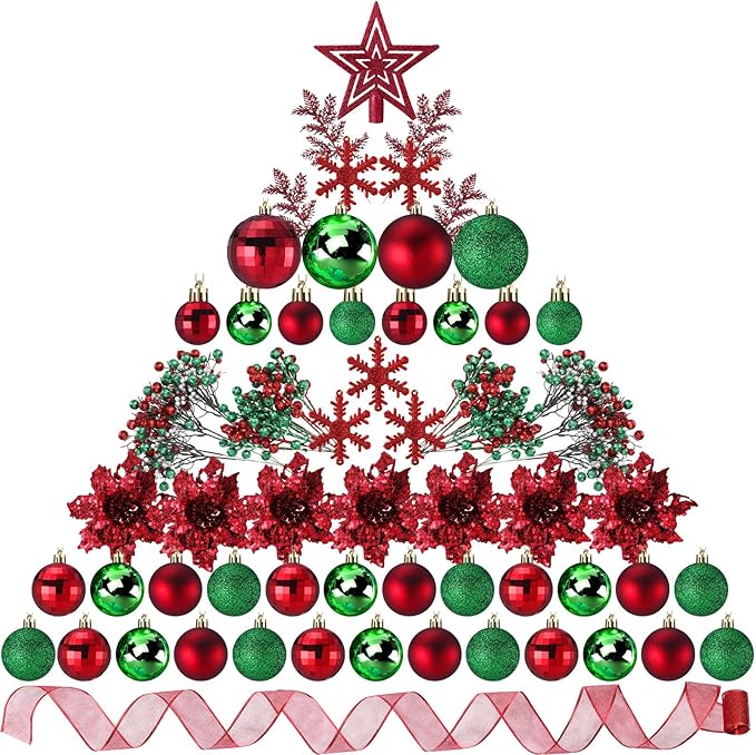 Sratte 94 Pcs Christmas Tree Decorations Set, Christmas Tree Ball Ornaments Glitter Poinsettia Flowers Decorations Glitter Berries Stems for Xmas Holiday Wedding(Red, Green)
