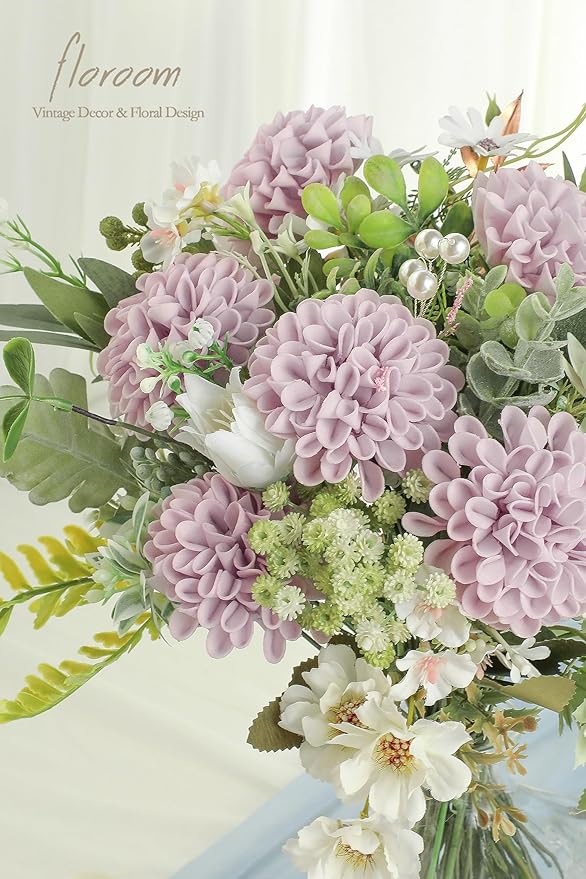 Floroom Artificial Dahlia Flowers 25pcs Real Looking Pale Lavender Foam Fake Roses with Stems for DIY Wedding Bouquets White Bridal Shower Centerpieces Floral Arrangements Party Tables Home Decoration