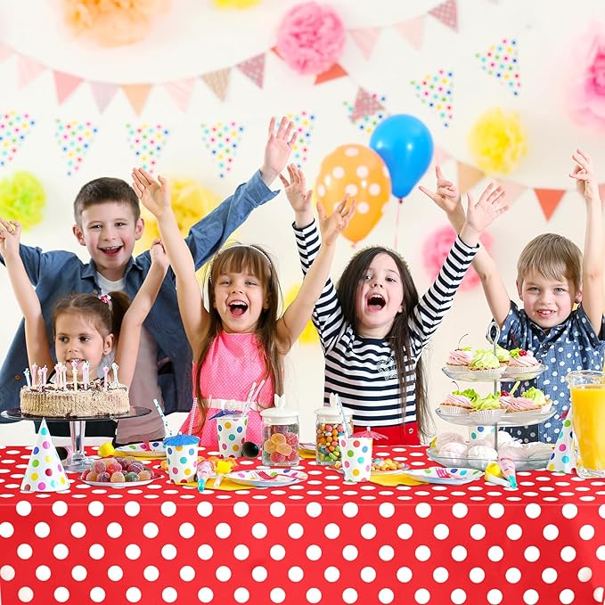 WNINK 4 Pack Red and White Polka Dot Tablecloths – Disposable Plastic Waterproof Table Cover, 54" x 108", for Birthday, Wedding, Bridal Shower, Bachelor Party, and Picnic