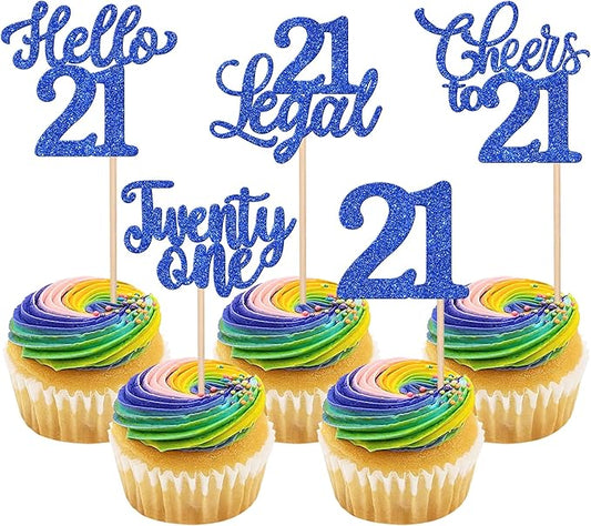 30PCS Happy 21st Birthday Cupcake Toppers Glitter Twenty One Legal 21 Hello 21 Cupcake Picks Cheers to 21 Birthday Decorations for 21st Birthday Anniversary Party Cake Decoration Supplies Blue