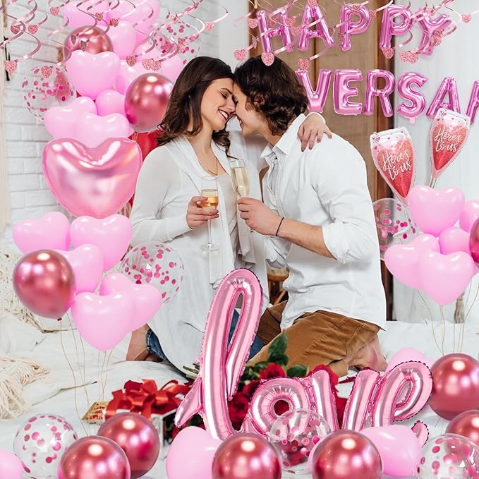 Pink Valentine's Day Balloons Kit With Happy Anniversary Banner - Heart Balloons for Decorations and Anniversary