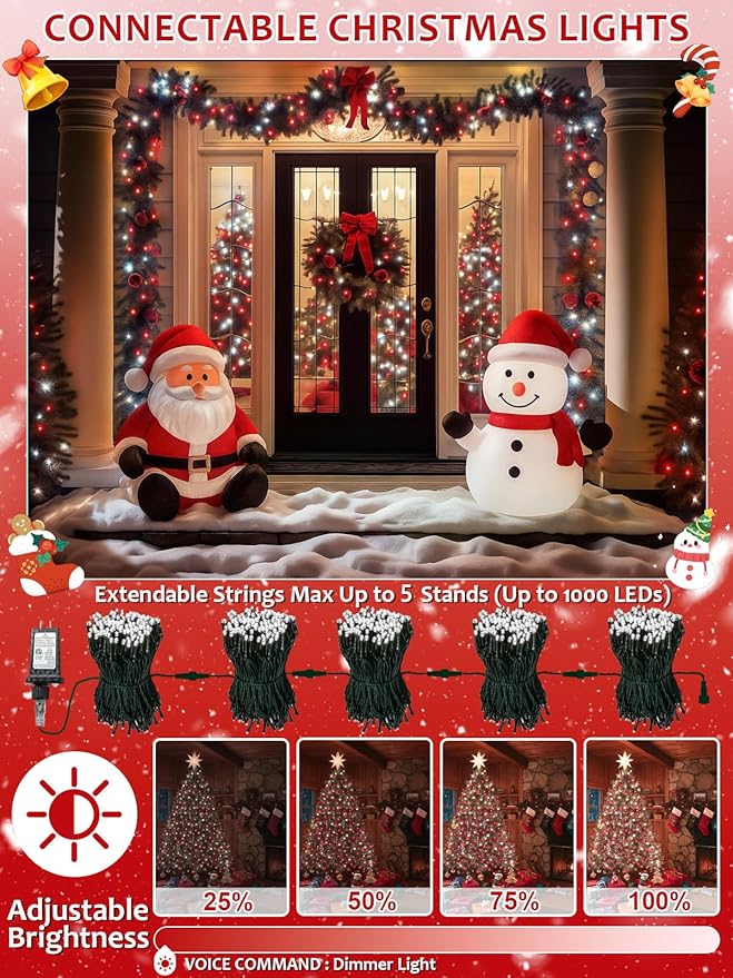 Voice Controlled Smart Christmas Lights Outdoor, 75.8ft 200 LED Extendable String Lights with 7 Voice Commands, 12 Modes & Timer, Waterproof Christmas Decorations for Party Tree Garden (Red and White)