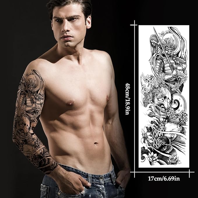 12 Sheets Large Full Arm Temporary Tattoos Adults, Waterproof Realistic Flower Japanese Tiger Samurai Skull Fake Tattoos, Fish Dragon Lotus Tattoo Kits Parties Festivals Cosplay BBQ Pool Beach Party