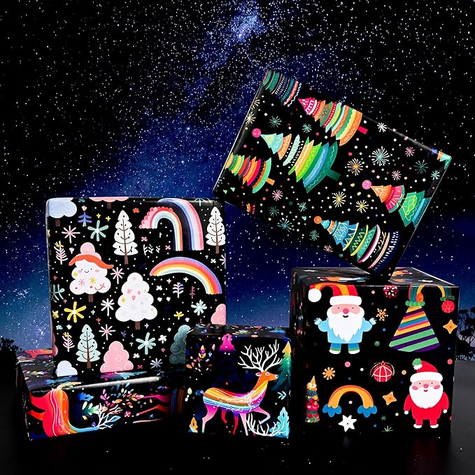 Vnaaem Christmas Wrapping Paper for Boys Girls Kids - Cute Rainbow Xmas Gift Wrap with Santa Tree Reindeer Design for Holiday Winter Paty - 20 x 28Inches Per Sheet(8 Pack)