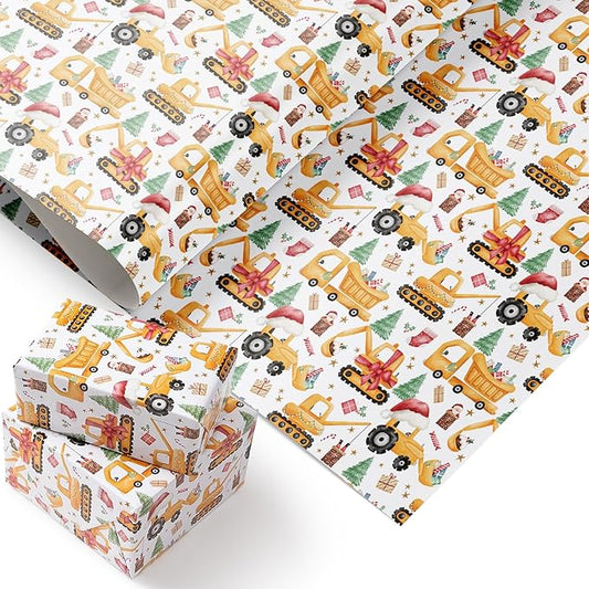 PlandRichW Construction Christmas Wrapping Paper - Cute santa with Hat Trucks, Cranes, Excavators & Xmas Trees - 40×28 Inch Xmas Gift Wrap, 4 Folded Sheets for Kids & Adults