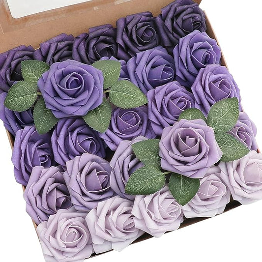 Floroom Artificial Flowers 25pcs Real Looking Lavender Purple Ombre Colors Foam Fake Roses with Stems for DIY Wedding Bouquets Bridal Shower Floral Centerpieces Party Tables Home Decorations