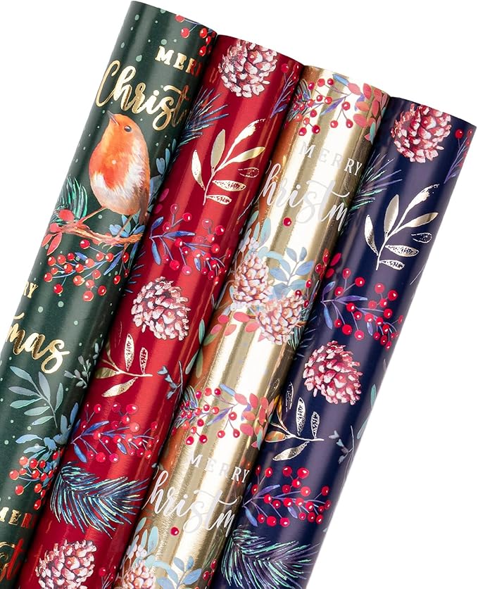 WRAPAHOLIC 30 Inch Christmas Wrapping Paper Roll - Jumbo Roll Red, Green, Gold Bird, Christmas Garland, Holly and Pinecones with Metallic Foil Shine Design - 4 Rolls - 30 Inch x 120 Inch Per Roll