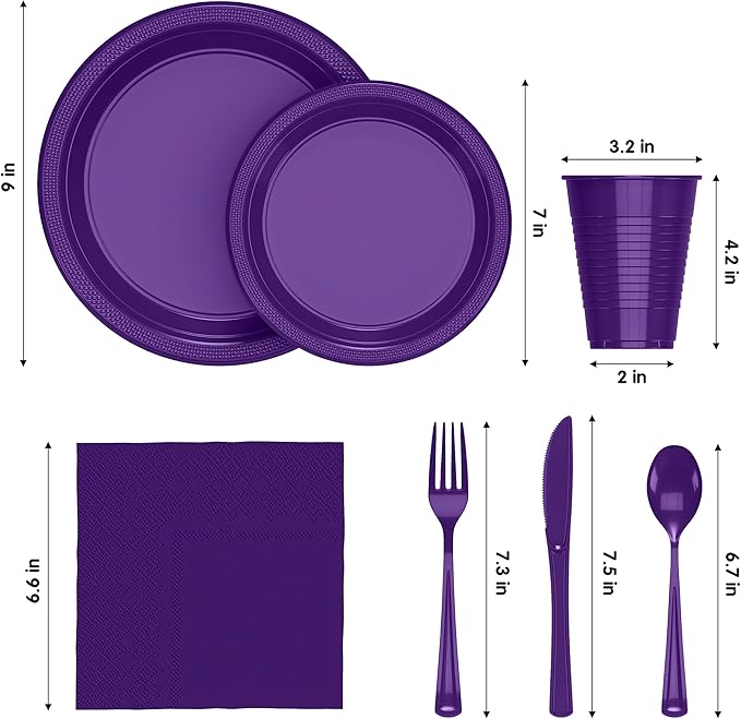 Party Solids 350 Pieces Purple Plastic Plates For Party, Purple Disposable Plates Set, 50 Of Each 9" Dinner Plate Set, 7" Dessert Plate, Cups, Napkins & Cutlery Plastic Dinnerware