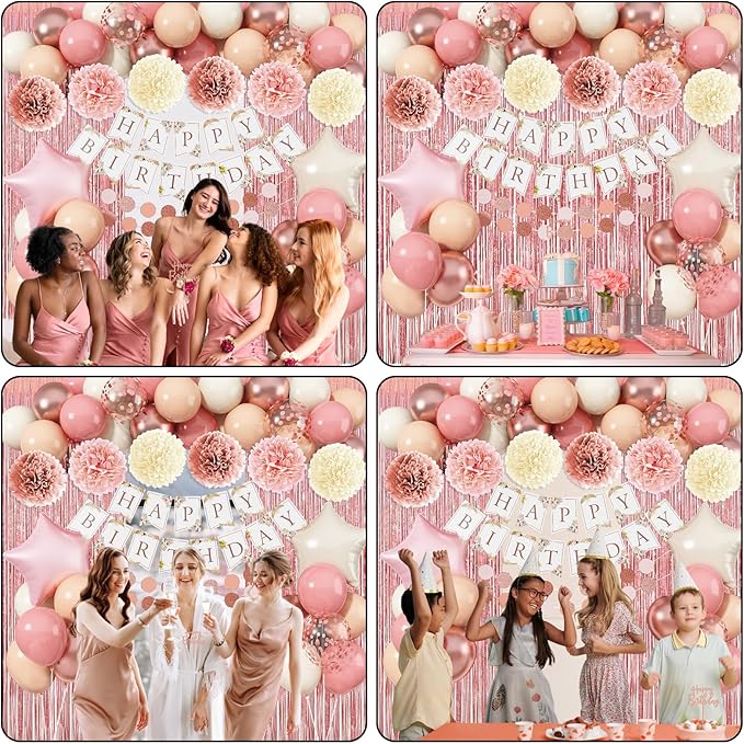 Pink Birthday Decorations for Women, Boho Dusty Pink Rose Gold Blush Beige Latex Balloons Happy Birthday Banner Foil Fringe Curtain Tissue Paper Pompom for Woman Girls Party Decoration Supplies