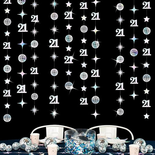 Iridescent 21st Disco Birthday Decorations Laser Number 21 Disco Ball Twinkle Star Garland Metallic Banner Backdrop for Girls Boys Happy 21st Birthday Finally Legal Cheers to 21 Years Party Decor