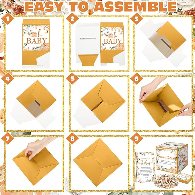 102 Pcs Baby Shower Game Supplies Diaper Raffle Tickets with Diaper Raffle Card Box Don't Say Baby Sign Mini Clothespin Shower Game Decor for Gender Reveal(Little Pumpkin)
