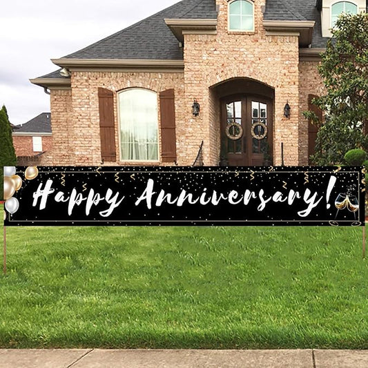 Romantic Happy Anniversary Decorations Banner - Black 118"x20" Bilingual "Feliz Aniversario" Sign, Extra Large Reusable Wedding Party Decor for Indoor Outdoor