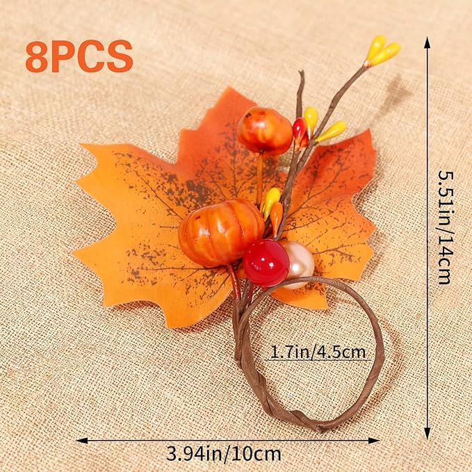 8 Set Napkin Rings Fall Thanksgiving Halloween Pumpkin Maple Leaves Red Berry Napkin Holder for Table Decor, Wedding, Fall Banquet, Holiday, Dinner Party (Orange)