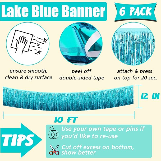 6 Pack 10 Feet Foil Fringe Garland Metallic Tinsel Banner Wall Hanging Curtain Streamers Backdrop for Parade Floats Bachelorette Wedding Birthday Party Thanksgiving Christmas Decorations(Lake Blue)