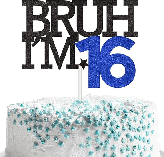 Bruh I'm 16 Cake Topper, Happy 16th Birthday Decorations for Boy, Funny 16th Birthday Cake Topper Birthday Party Decoration Supplies
