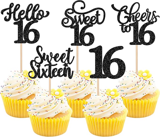 30PCS Happy 16th Birthday Cupcake Toppers Glitter Sweet Sixteen Hello 16 Cupcake Picks Cheers to 16 Birthday Decorations for 16th Birthday Anniversary Party Cake Decoration Supplies Black