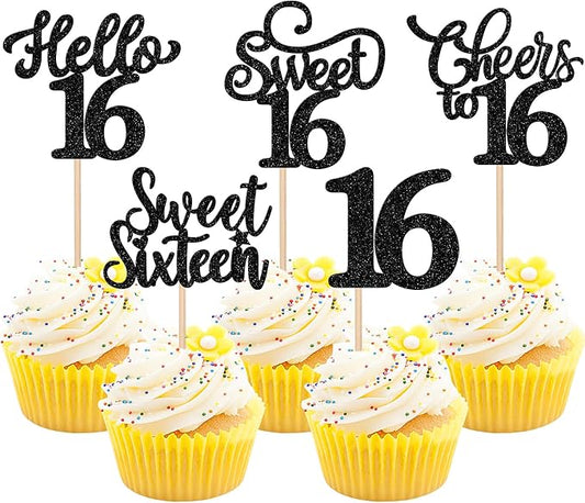 30PCS Happy 16th Birthday Cupcake Toppers Glitter Sweet Sixteen Hello 16 Cupcake Picks Cheers to 16 Birthday Decorations for 16th Birthday Anniversary Party Cake Decoration Supplies Black