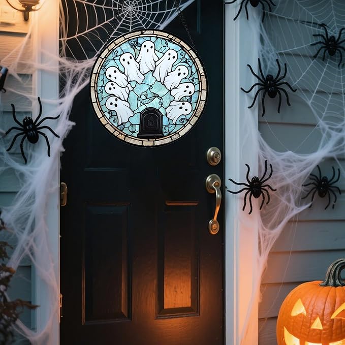 Stained Glass Window Hanging - Halloween Decorations Ghosts Tombstones Suncatcher for Doors Garden Indoor Spooky Funny Sun Catchers Gothic Decor Horror Gifts for Women Men Friend 11.8 in