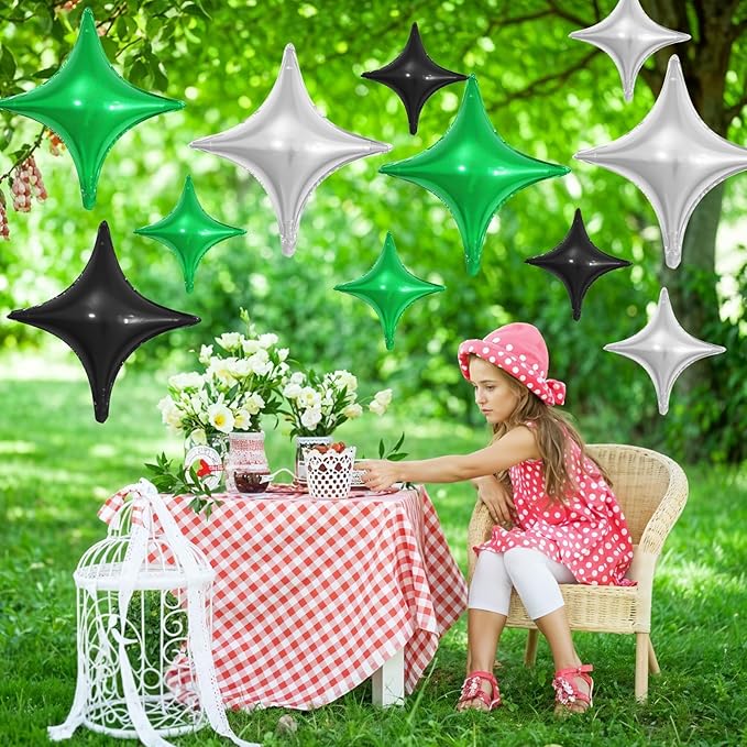 Black Green Silver Star Balloons,12Pcs Four Angle Star Foil Balloons,26Inch and 10Inch Black Silver Green Quadrangle Helium Balloon for Birthday Anniversary Party Decorations