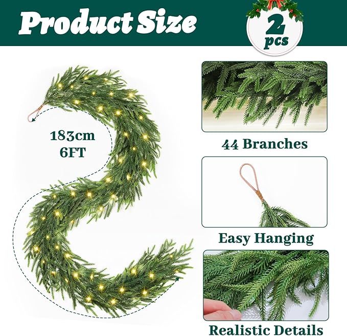 2 Pcs Prelit Christmas Norfolk Pine Garland with Lights, 6FT Battery Operated Real Touch Artificial Green Garlands for Table, Mantle, Stairs, Fireplace, Indoor & Outdoor Xmas Decorations