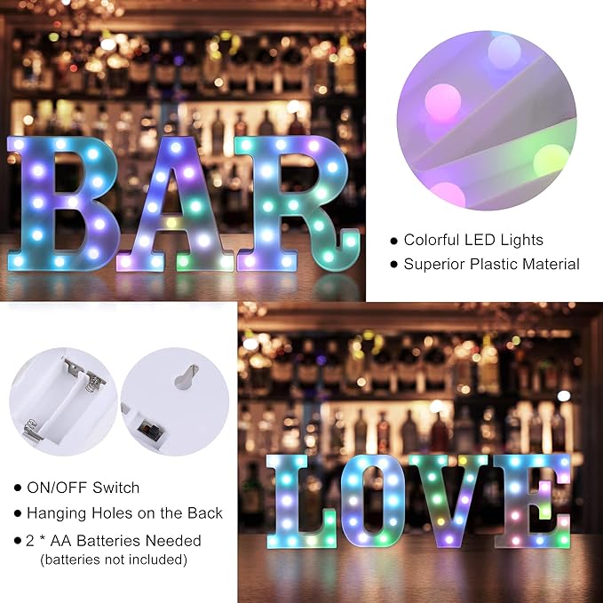 Foaky Colorful LED Letter Lights with Remote,Marquee Light Up Letters Sign for Night Light Wedding/Birthday Party Battery Powered Christmas Lamp Home Bar Decoration(K)