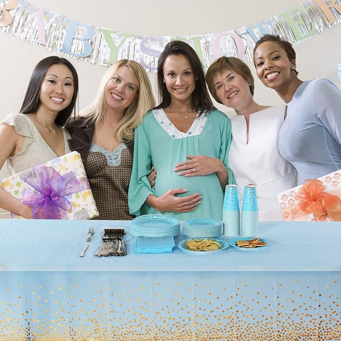 Blue and Gold Tablecloths for Party 4 Pack - 54 X 108 inch, Gold Dot Confetti Disposable Rectangular Plastic Table Cover for Baby Shower Boy Birthday Engagement Wedding Christmas BBQ Party