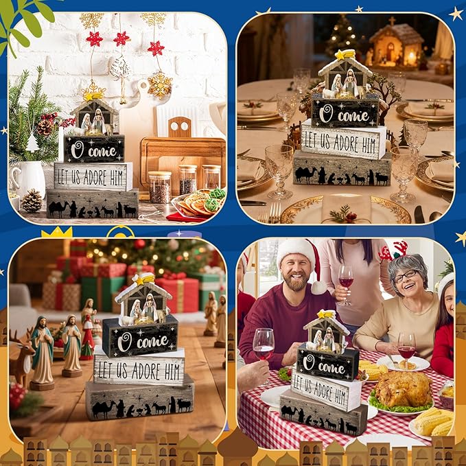 4 Pcs Christmas Table Decor Wooden Christian Religious Decoration Nativity Scene Centerpiece Nativity of Jesus Tiered Tray Decor Farmhouse Xmas Decoration for Kitchen