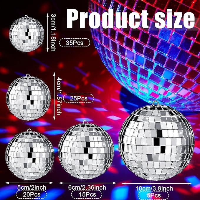 Funtery 100 Pcs Mirror Disco Balls Bulk Assorted Silver Hanging Disco Ball Decor for Home Wedding Birthday Dance Music 70 S Theme Party Christmas Tree Ornaments(1.2'',1.6'',2'',2.4'',4'')