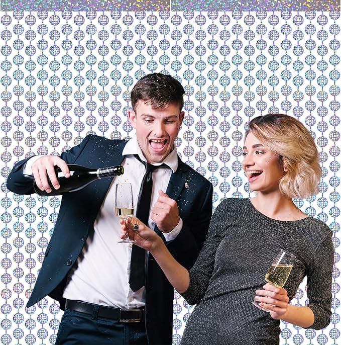 GOER Foil Curtain Backdrop for Birthday Party | Metallic Tinsel Photo Booth Props for Bachelorette Party | New Year Eve,Graduation Party Decorations (Silver Disco Ball, 2 Count (Pack of 1))