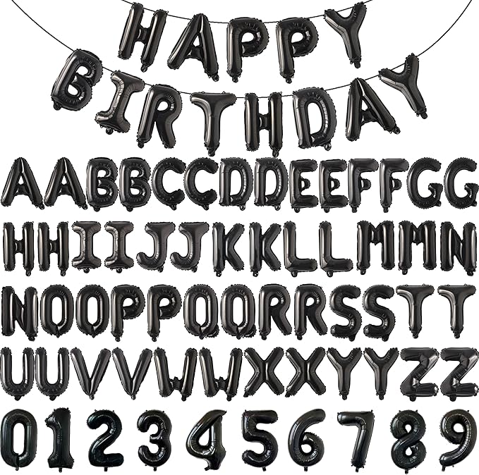 75pcs 16" Happy Birthday Balloon Banner, Black Balloons Letters, Personalized Mylar Foil Birthday Decorations includes 2 Sets A- Z, 1 set Number 0-9 "HAPPY BIRTHDAY" letters