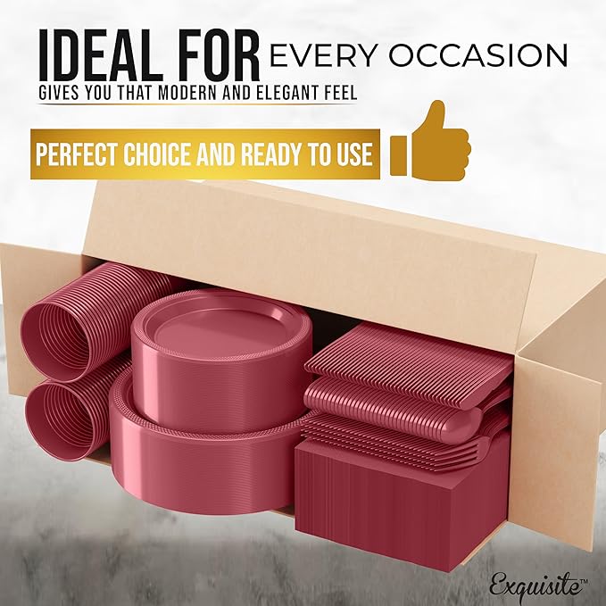 Party Solids 350 Pieces Burgundy Plastic Plates For Party, Burgundy Disposable Plates Set, 50 Of Each 9" Dinner Plate Set, 7" Dessert Plate, Cups, Napkins & Cutlery Plastic Dinnerware