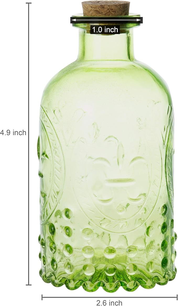 MyGift Vintage Embossed Green Glass Small Reed Diffuser Bottle with Cork Lid, Decorative Flower Bud Vase, Set of 2