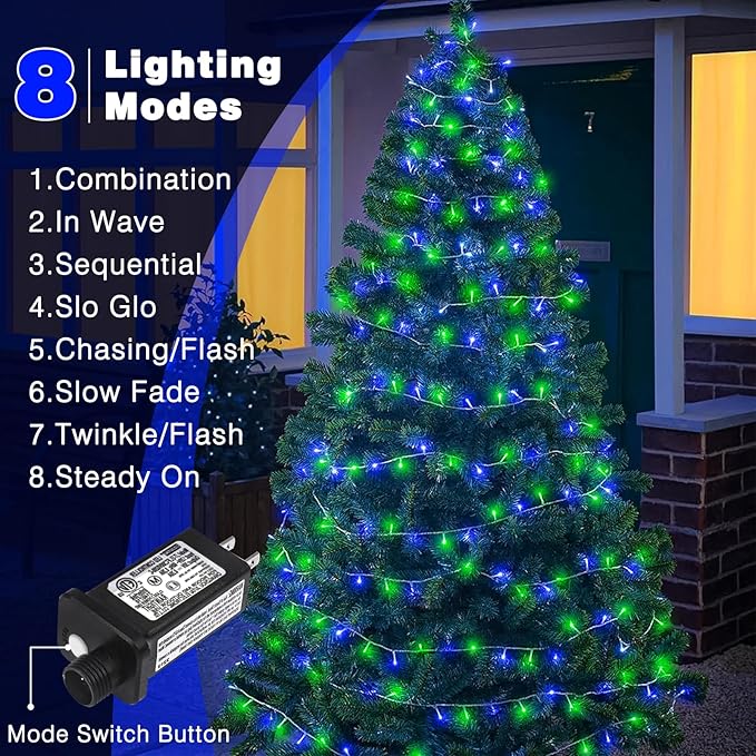 100FT 300 LED Christmas Lights Outdoor, Plug in Christmas String Lights Indoor, Waterproof & 8 Modes & Timer Function, Connectable Fairy Twinkle Light for Home Yard Garden Decorations, Blue Green